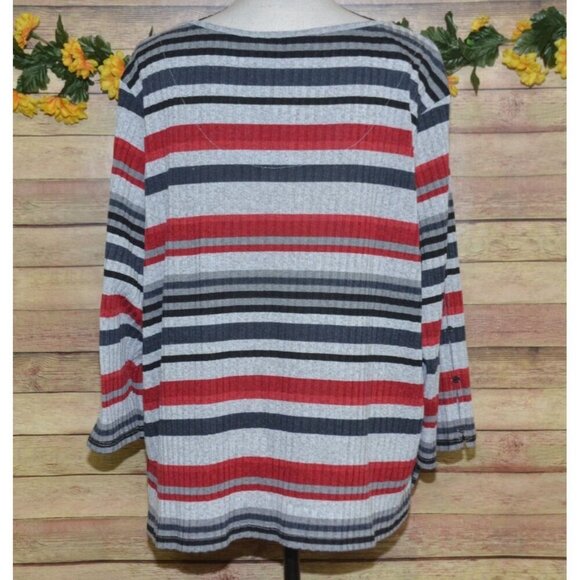 Alfred Dunner Women's 2X Striped Ribbed 3/4 Sleeve Knit Top Shirt Beaded V-Neck - Picture 8 of 12